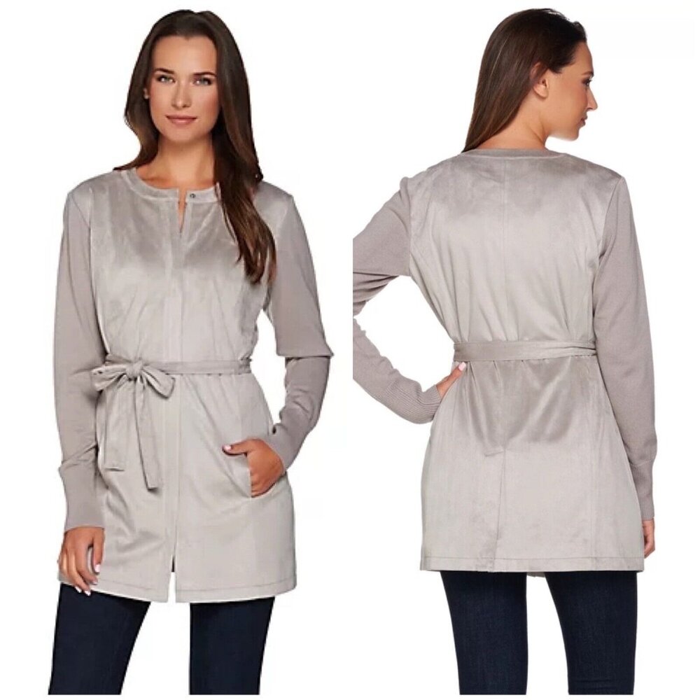 H by Halston Faux Suede Jacket with Sweater Knit Gray 16 XL